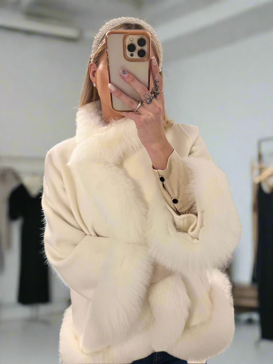 Celeste | Faux Fur Cape Coat with Fluffy Trim