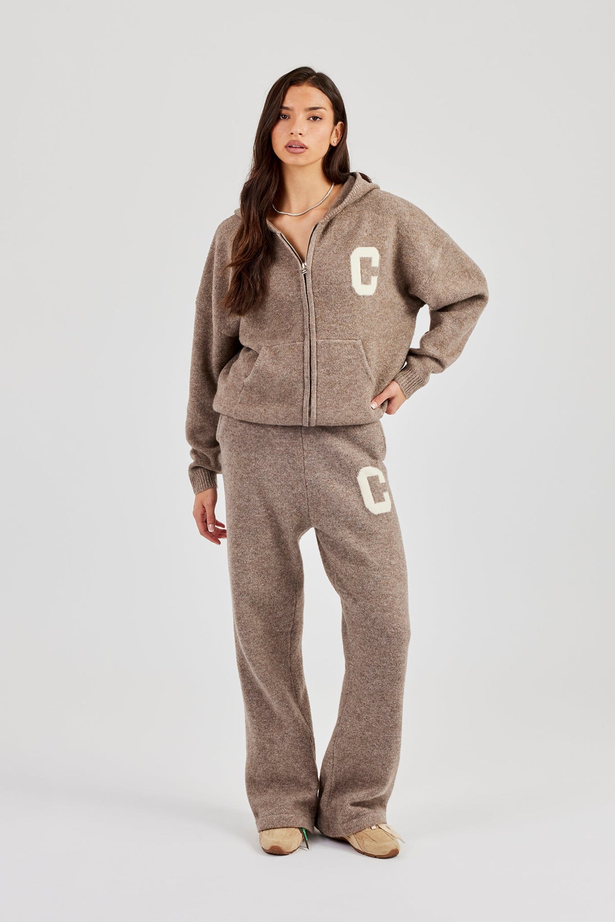 Hooded Zip Through Knitted Tracksuit - Taupe