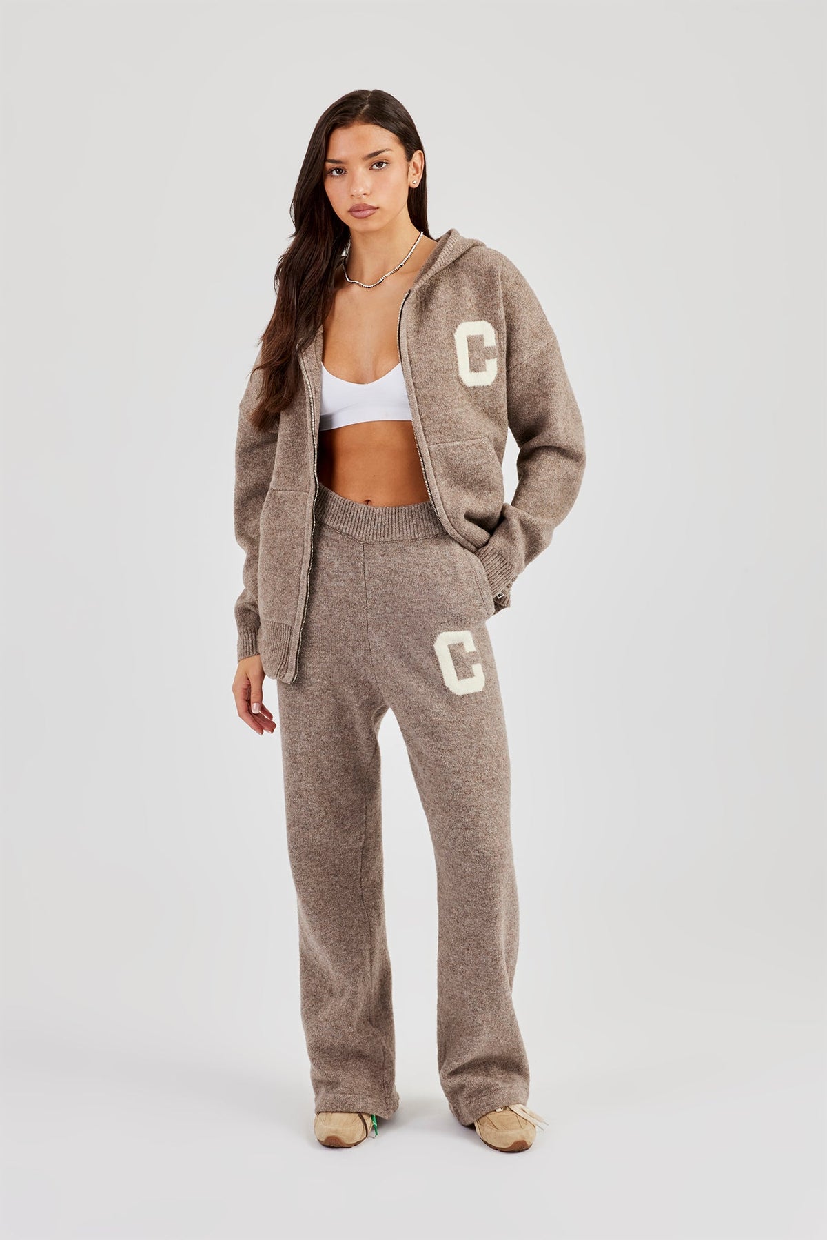 Hooded Zip Through Knitted Tracksuit - Taupe
