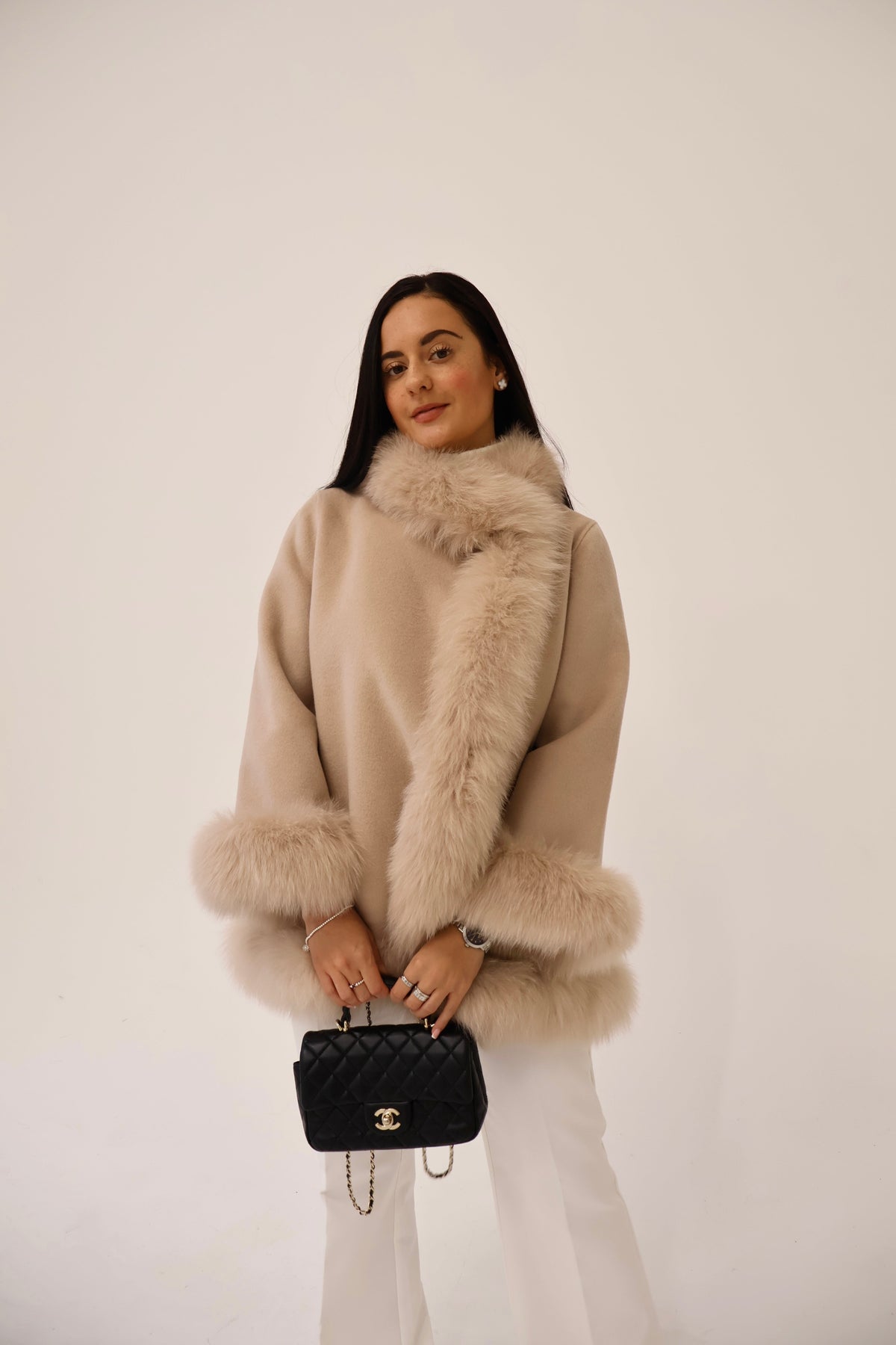 Celeste | Faux Fur Cape Coat with Fluffy Trim